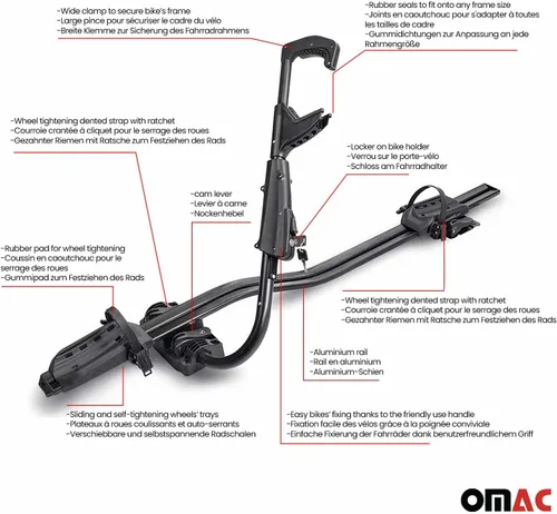 Vista 5 de OMAC Soporte para bicicleta de montaje en techo para coche, portador de bicicleta, universal, con cerradura negra