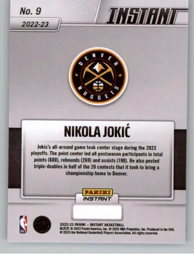 Vista 2 de Tarjeta oficial de Nikola Jokic con trofeo de los campeones de la NBA de Panini 2022-2023 Nuggets #9