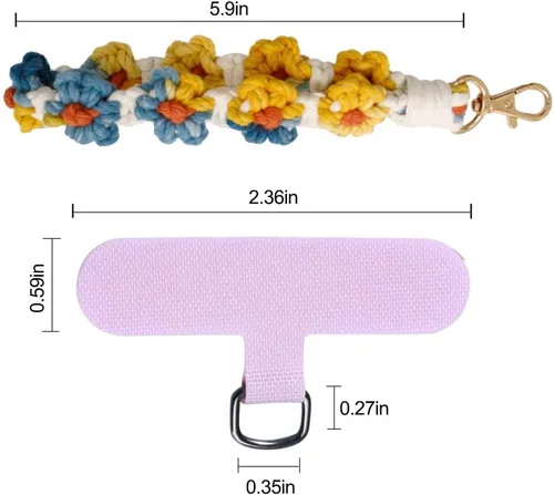 Vista 5 de VIOKKO Correa de muñeca de macramé bohemio para teléfono, cordón para teléfono celular con lengüeta de sujeción, pulsera con soporte para correa