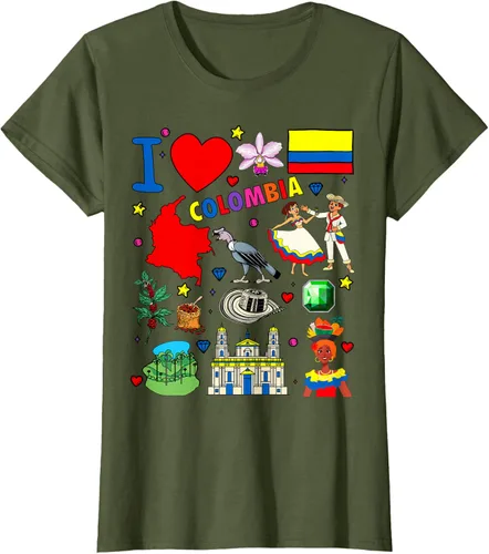 Vista 60 de Camiseta con diseño de bandera y mapa de I Love Colombia dibujada a mano