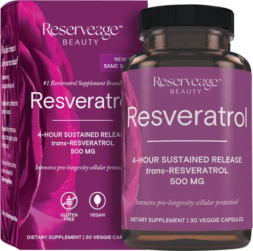 Vista 10 de Reserveage Beauty, Resveratrol 500 mg, suplemento antioxidante para la salud cardíaca y celular, apoya el envejecimiento saludable y el sistema