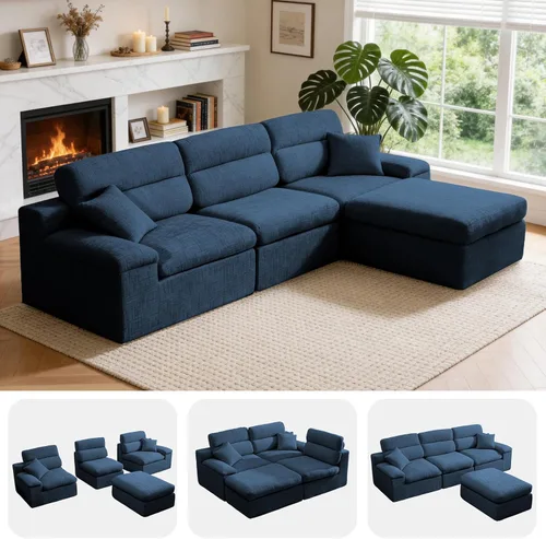 Vista 16 de Sofá modular en forma de L de 114 pulgadas con diván, sofá de pana sin hueso con otomana móvil, sofás de asiento profundo para sala de estar, sin