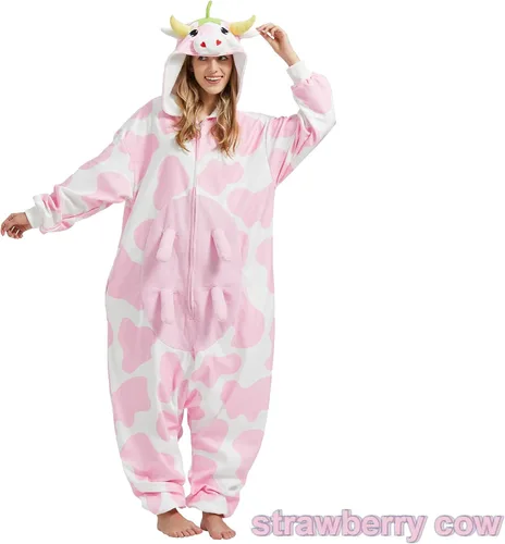 Vista 3 de BETIFUHOM Pijama mameluco de vaca rosa animal unisex de una pieza Cosplay Halloween disfraz