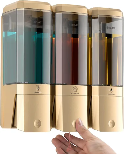 Vista 7 de Dispensador de champú y acondicionador, dispensador de ducha de 3 cámaras sin taladro, dispensador de champú montado en la pared para ducha