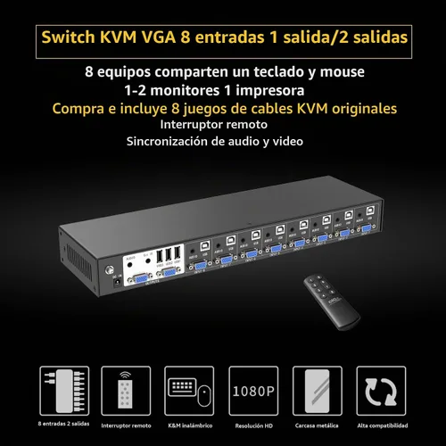 Vista 2 de eKL Conmutador KVM VGA de 8 puertos en 2 salidas Switch 8x2 Soporta teclado básico y ratón Audio USB 2.0 Dispositivos compartiendo 8 computadoras