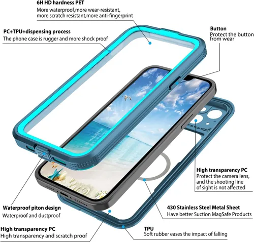 Vista 5 de Funda protectora de cuerpo completo compatible con iPhone 15 de 6.1 pulgadas, magnética, impermeable, a prueba de caídas, nieve, arañazos