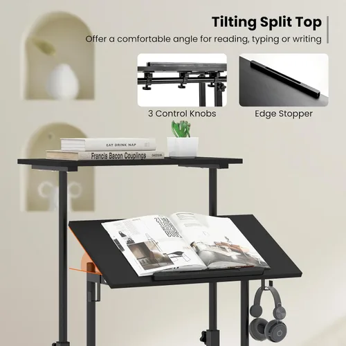 Vista 7 de Tangkula Escritorio de pie móvil, escritorio portátil con ruedas Height-adjustable Standing Table w/Tilting Tabletop, Laptop Workstation w/Hanging