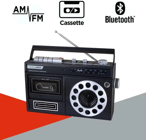 Vista 3 de HANNLOMAX HX-601K Grabadora portátil de casete de radio AM/FM con Bluetooth, grabaciones desde micrófono o radio incorporado, conector para Negro