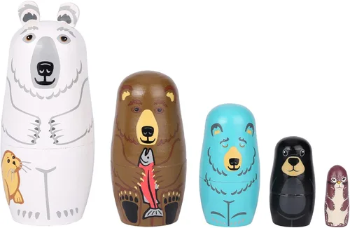 Vista 2 de Yoption 5 piezas de muñecas rusas anidadas, conjunto de muñecas Matryoshka de oso lindo hechas a mano en madera para regalo de cumpleaños de Navidad