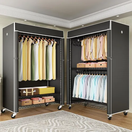 Vista 6 de FUTASSI Perchero negro con cubierta negra, armario con ruedas P1C Plus, perchero de metal para colgar ropa, armario de almacenamiento de ropa, 46