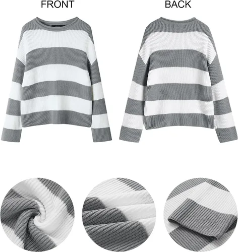 Vista 4 de ZESICA - Suéter tejido sin botones de manga larga y cuello redondo para mujer, a rayas, bloques de color, cómodo, holgado, talla extragrande