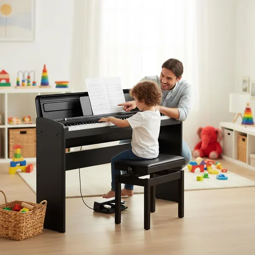 Vista 5 de Korg Piano digital LP-180, paquete negro con banco de muebles, libro de instrucciones, DVD instructivo de Austin Bazaar y paño de pulido