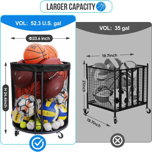 Vista 6 de Ball Storage Bin for Garage, Balls Holder for Soccer, Basketball, Ball Cart, Rolling Basketball Rack for Outdoor, Indoor