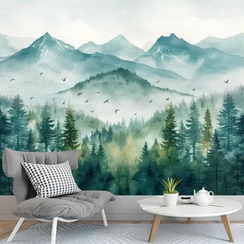 Vista 10 de Atrippy Tapiz verde de naturaleza forestal para dormitorio, paisaje brumoso, telón de fondo para colgar en la pared, mural de pared grande, tapices