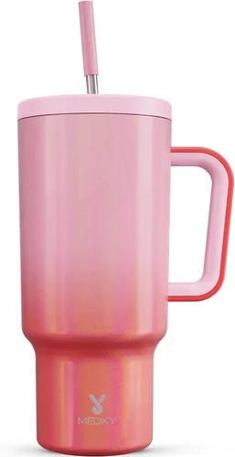 Vista 50 de Meoky - Vaso de 30 oz con asa, tapa y pajilla, taza de viaje térmica de acero inoxidable 100% a prueba de fugas, para portavasos, mantiene el frío