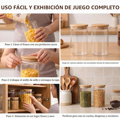 Vista 6 de Paquete de 2 tarros de vidrio transparente de 11.8 fl oz de 12 onzas con tapas herméticas de bambú, recipientes de vidrio herméticos dispensadores