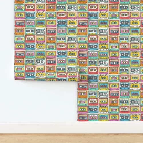 Vista 4 de Muestras de papel tapiz extraíbles, cinta de mezcla de música más pequeña, retro vintage de los años 90, papel pintado prepegado personalizado por