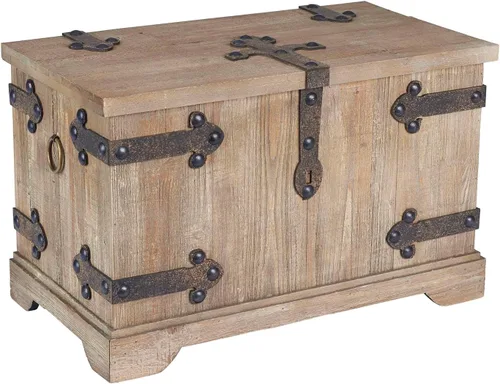 Vista 18 de Household Essentials Baúl decorativo de estilo victoriano, acabado en madera envejecida y acentos metálicos, con tapa completamente abierta y asas