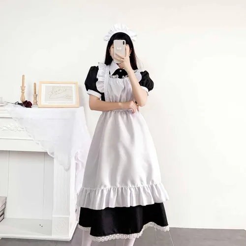 Vista 2 de Vestidos de sirvienta francesa para mujer, talla grande, anime, cosplay, fiesta, uniforme de juego de rol, trajes de lolita, delantal, vestido