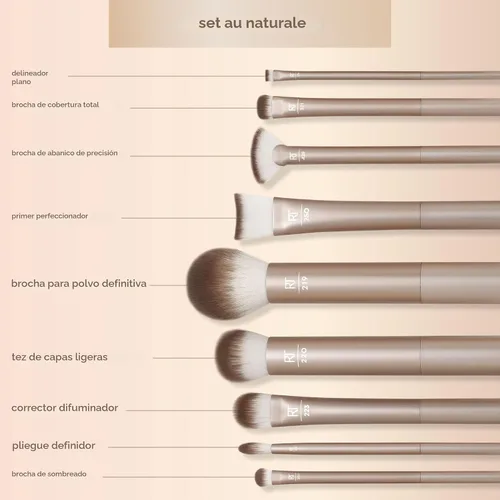 Vista 4 de Real Techniques Juego de 9 brochas de maquillaje Au Naturale para sombra de ojos líquida, crema y polvo, base, rubor, bronceador y contorno