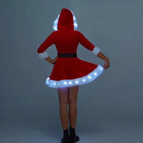 Vista 4 de Disfraz de Papá Noel para mujer, vestido de Navidad con luz LED, disfraz de cosplay de la señora Claus