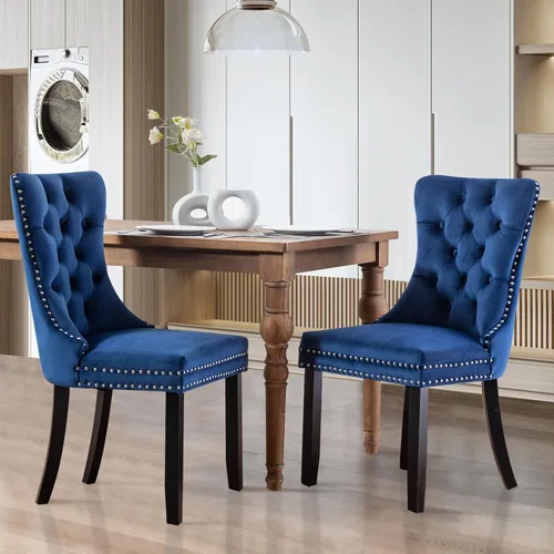 Vista 25 de SoarFlash Juego de 2 sillas de comedor de terciopelo, silla lateral de respaldo alto, silla lateral moderna tapizada de alta gama con botones Beige
