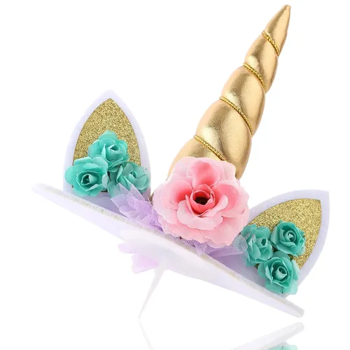 Vista 3 de Decoración de pastel de unicornio para niñas, decoración de cumpleaños de cuerno de unicornio dorado con pestañas, 5.8 pulgadas