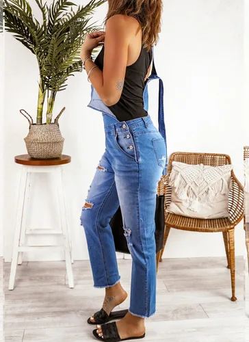 Vista 6 de Luvamia - Overol de mezclilla con pechera para mujer, de diseño informal, elástico y ajustable