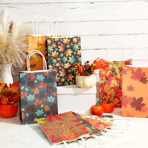 Vista 7 de Tenceur 24 bolsas de regalo de otoño de papel kraft a granel, bolsas de regalo naranja, elementos de hoja de arce, bolsas de dulces con asas