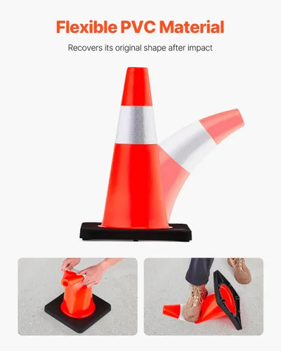 Vista 4 de VEVOR Conos de seguridad, paquete de 5 conos de tráfico de 18 pulgadas, conos de construcción naranja de PVC con collares reflectantes y base negra