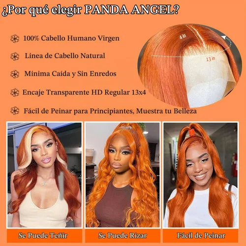 Vista 5 de PANDA ANGEL Peluca de encaje frontal de jengibre de cabello humano 13x4 lacio, naranja jengibre, frontal de encaje HD transparente sin pegamento