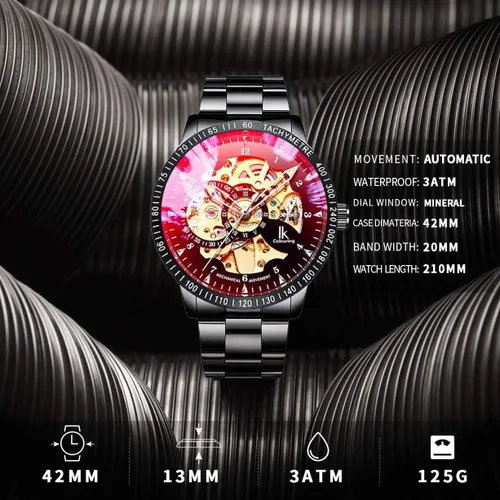 Vista 3 de IK Men's Watch Skeleton Automatic Mechanical Wristwatch, Silver Golden Dial Tachymeter Black Stainless Steel Casual Steampunk Watch