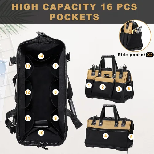 Vista 4 de Bolsa de herramientas portátil de 17 pulgadas para hombres, resistente, bolsa organizadora para herramientas y taladro, de boca ancha, impermeable