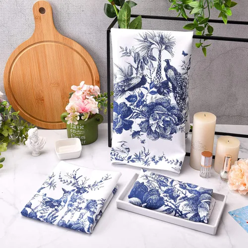 Vista 5 de Geiserailie 6 paños de cocina chinoiserie florales azules y blancos de 15 x 24 pulgadas, diseño de pájaro, flor de pavo real, alce, toalla de cocina