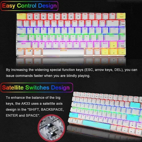 Vista 6 de FELICON Teclado mecánico, AK33 Rainbow LED retroiluminado con cable USB para juegos, teclado mecánico compacto de 82 teclas con teclas antifantasmas