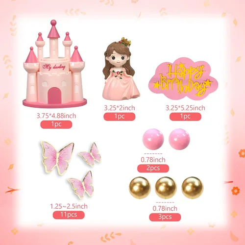 Vista 2 de 19 piezas Decoración de pastel de princesa con castillo, mariposas y bolas para suministros de cumpleaños de princesa (rosa)