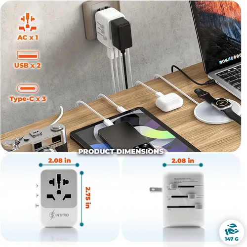 Vista 8 de Adaptador de viaje universal 6 en 1-10A Adaptador de corriente internacional con 3 puertos USB C, 2 puertos USB A Cargador portátil rápido