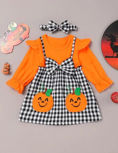 Vista 2 de Traje de Halloween para niña pequeña, camisa con volantes, vestido de calabaza, Halloween, ropa para niñas de 12 meses a 5 años
