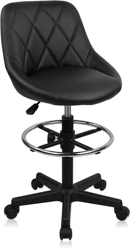 Vista 11 de KLASIKA Taburete con ruedas de respaldo bajo negro, taburetes de tocador de cuero PU, altura ajustable ergonómica giratoria giratoria silla