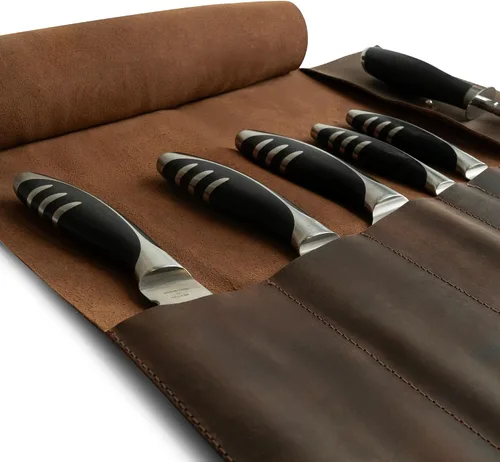 Vista 3 de Estuche de cuero rústico para cuchillos, bolsa duradera para cuchillos de chef para chefs profesionales, bolsa de rollo de cuchillos, funda