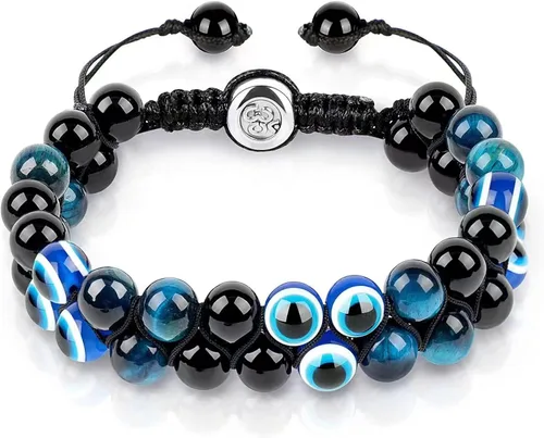 Vista 8 de Pulsera de triple protección, ojo de tigre malvado de ojo y obsidiana negra de 0.315 in, pulsera curativa para hombres y mujeres, pulsera curativa