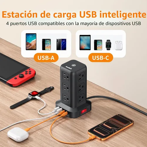 Vista 6 de SMALLRT - Cable de extensión con múltiples tomas, torre de regleta de alimentación con protector de sobretensiones, extensor de salida con 12