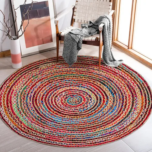 Vista 5 de Alfombra redonda de yute tejida a mano de 3 pies - Alfombras bohemias coloridas para sala de estar - Alfombra bohemia multicolor trenzada a mano