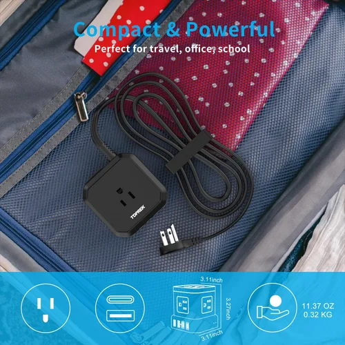 Vista 6 de Regleta de alimentación con USB, USB C (3.0 A) con 5 tomas, 2 USB-C y 2 USB-A, cable de extensión plano de 5 pies con enchufe plano ultrafino