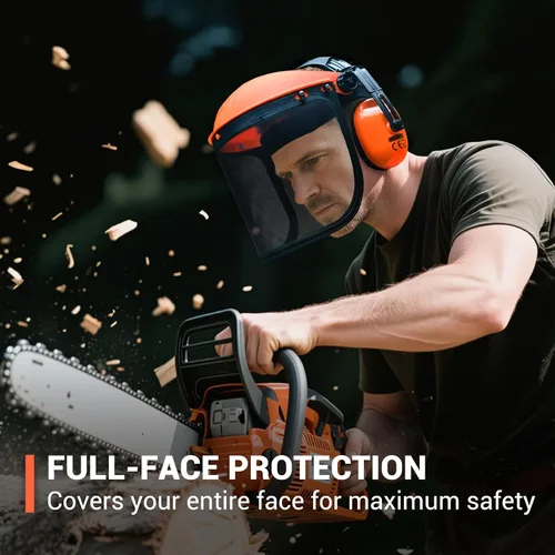 Vista 5 de Escudo facial de seguridad con combinación de protección auditiva, viene con malla y visera transparente para moler carpintería