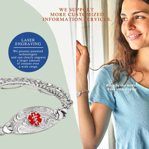 Vista 5 de Pulseras de alerta médica elegantes personalizadas para mujer con grabado gratis, pulsera de identificación de emergencia personalizada