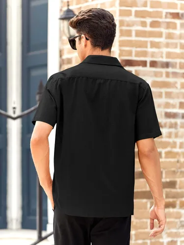 Vista 3 de Guayabera - Camisas de lino de algodón cubano de manga corta con botones, estilo casual, cuello para la playa