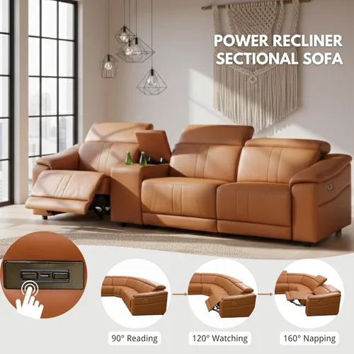 Vista 5 de Sofá reclinable eléctrico de cuero transpirable, sofá reclinable de 3 asientos para sala de estar, sofá modular de estilo moderno con reclinables