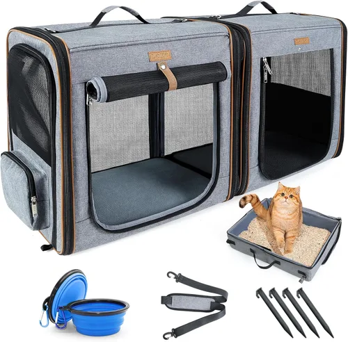 Vista 12 de Lekereise Transportador grande para gatos de lado suave, 28 x 13 x 13 pulgadas, transportador de viaje grande para 2 gatos con cierres de cremallera
