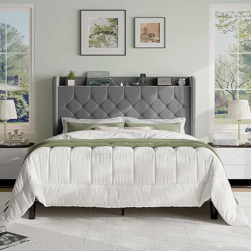 Vista 11 de SHA CERLIN Base de cama de plataforma de tamaño matrimonial con estación de carga, cabecera de lino con estante de almacenamiento, soporte